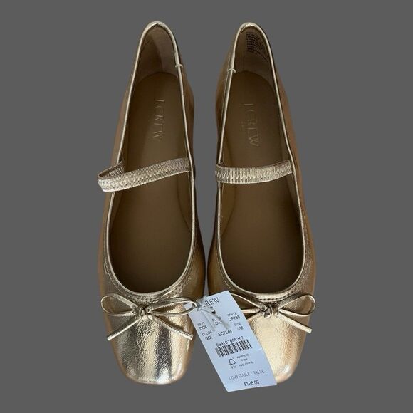 J.Crew Factory Mary Jane Ballet Flats Metallic Gold Bow Straps 7M NEW - Picture 7 of 14